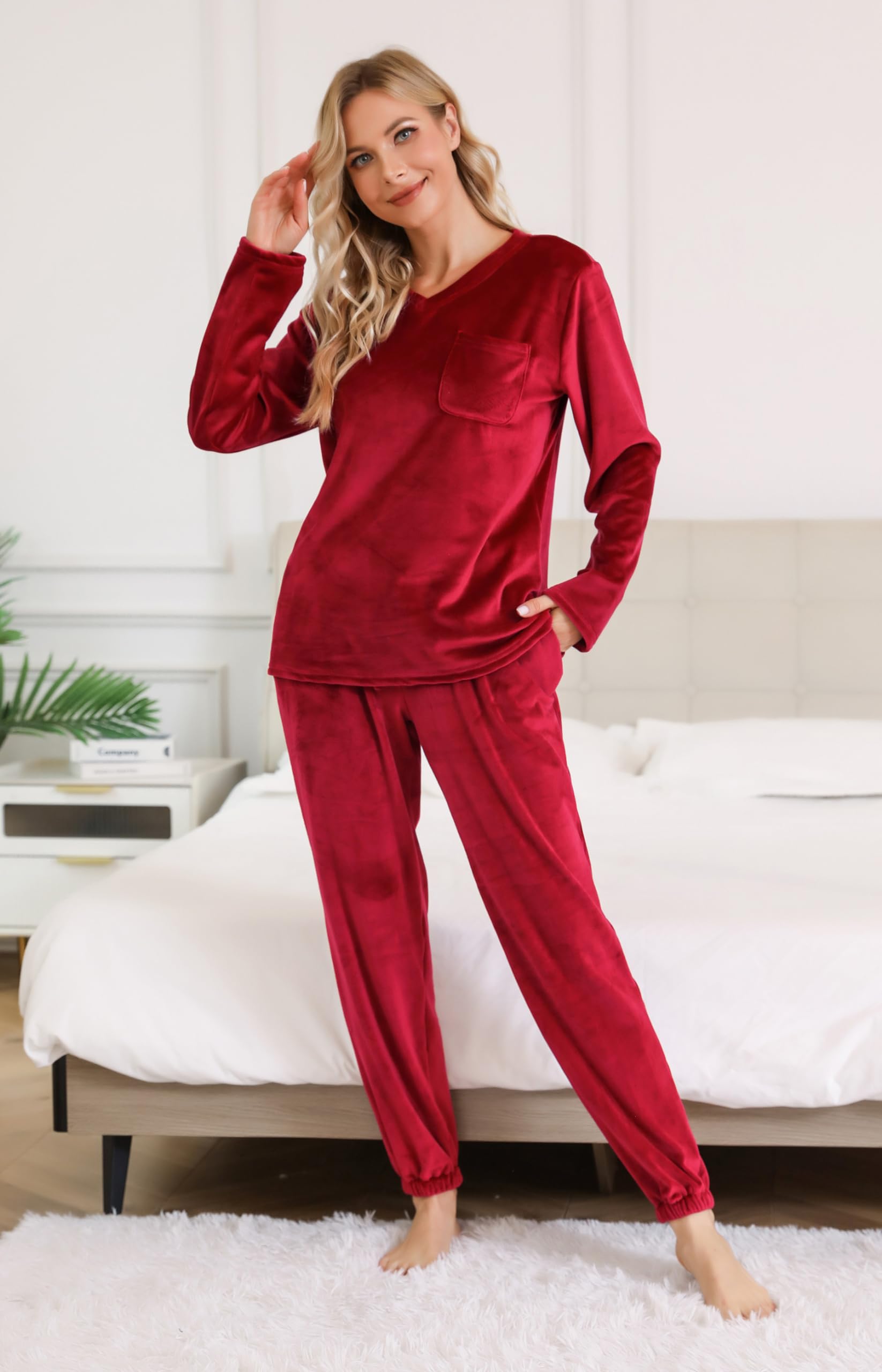 Lovasy Pyjama Polaire Femme Ensemble de Pyjama Hiver Chaud et Moelleux avec Poches Vêtements de Nuit à Manches Longue