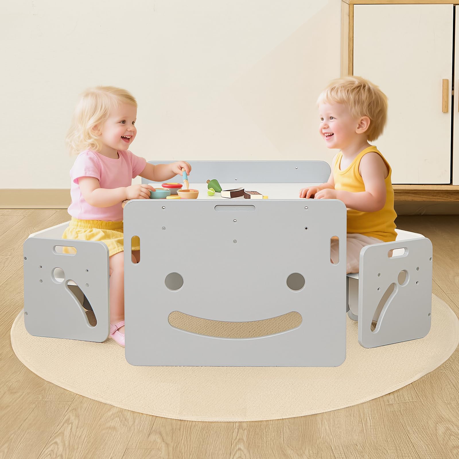 FUNLIO Montessori Table Enfant avec 2 Chaises Ajustables en Hauteur pour 1-3 Ans, Gris Carré, Certifié CPC