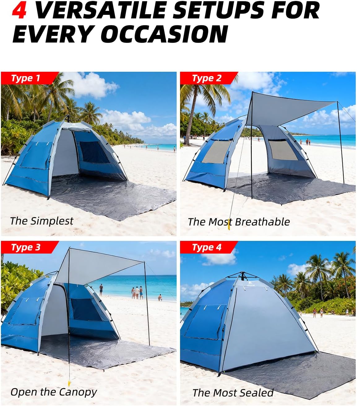 Abahub 3-Person Instant Beach Tent Sun Shelter with UPF 50+ UV Protection, Portable Pop Up Sun Shade Canopy with Extendable Floor, Beach Cabana with 2 Doors for Beach Camping Outdoor Activities