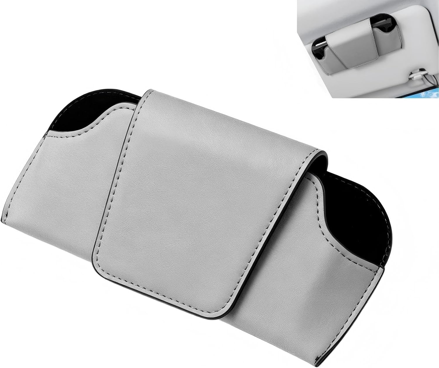 Sunglasses Holder for Car Sun Visor, Leather Car Sunglasses Holder, Auto Visor Accessories Eyeglasses Holder Glasses Storage Case, Universal for Most Cars (Gray)