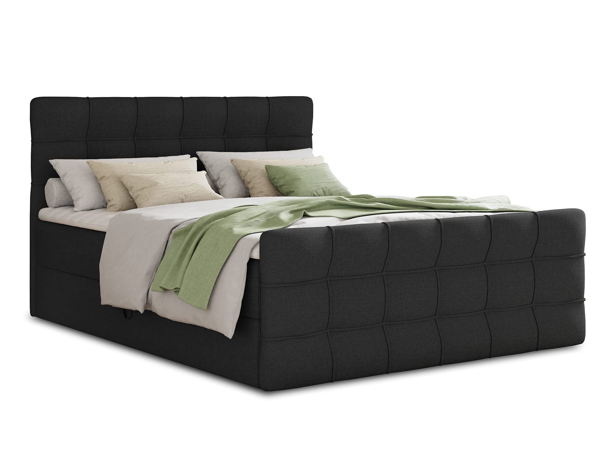 Boxspringbett Best Lux mit Fußteil, zwei Bettkästen und Topper – Schwarz (Inari 100), 140/160/180 x 200 cm