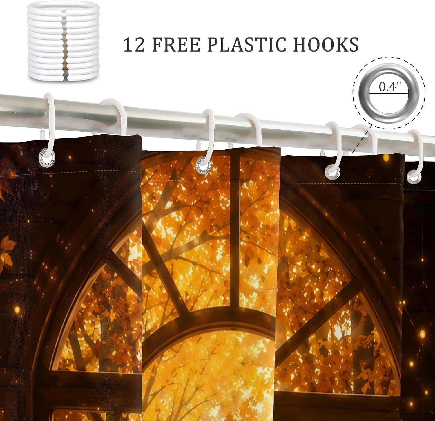 Fall Forest Arched Window Shower Curtain, Golden Maple Leaf Warm Sunlight Rustic Cabin Autumn Bathroom Decor, Waterproof Polyester Bath Curtain Set with 12 Hooks 72Wx72H Inch image 4