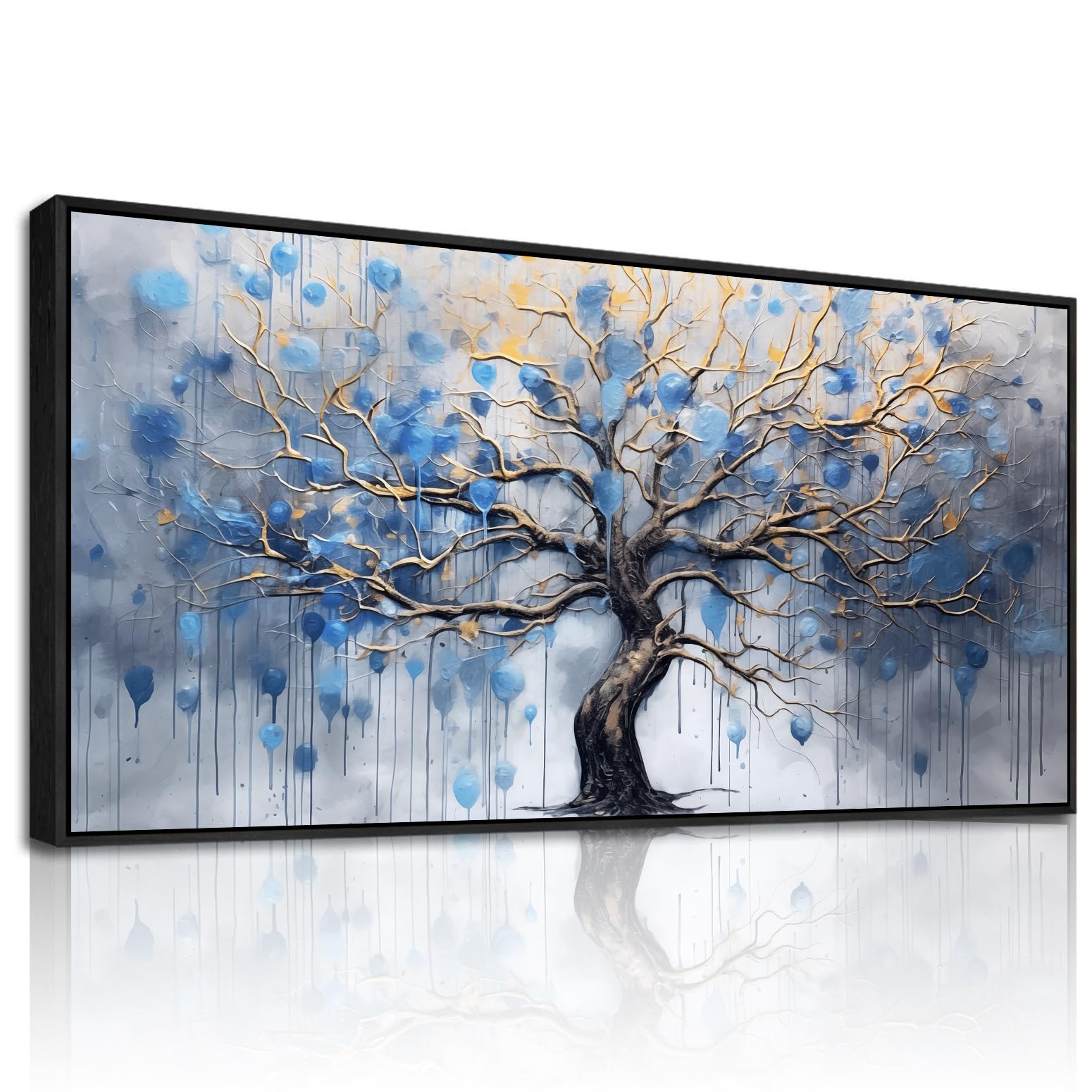 MHARTK66 Cuadros Decoracion Salon Modernos Con Marco Negro, 50x100 cm Grandes Laminas Decorativas Pared Dormitorios, Lienzos Decorativos Pared Arbol De La Vida Azul, Abstracto Wall Art Comedor Pasillo
