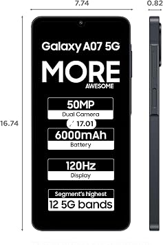 Samsung Galaxy A07 5G (Siyah, 4GB RAM, 128GB Depolama) | 6,7 inç HD+ 120Hz Ekran | MediaTek Dimensity 6300 | 50MP + 2MP Arka Kamera | 6000 mAh Pil