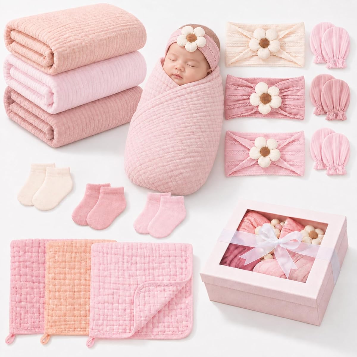 Ramede 15 Pcs Pink Muslin Newborn Preemie Swaddle Gift Set for Baby Girls, Soft Muslin Swaddle Blanket Wraps Set with Headbands, Socks & Bibs, Baby Shower Box, 0-3 Month Newborn Must Have Gift