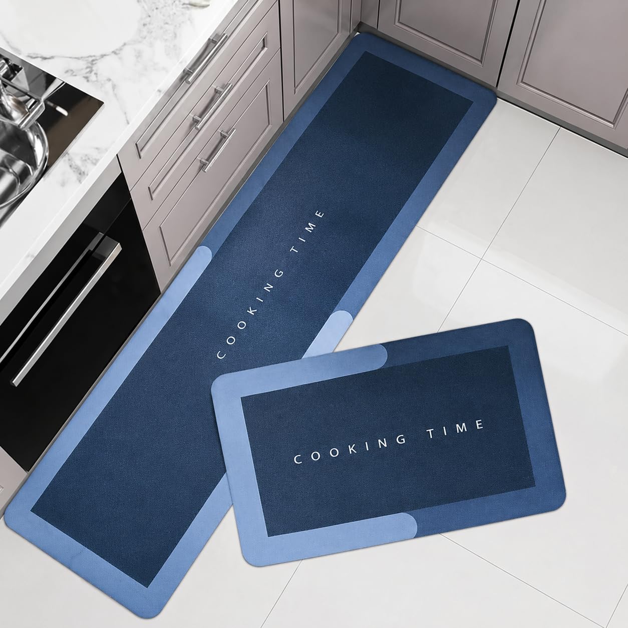 VERVENIX 2-Pcs Kitchen Mat Set – Blue Waterproof Memory Foam Anti-Fatigue Rugs, Non-Slip Mats for Kitchen, Sink, Laundry & Home Office – 120x40 cm + 40x60 cm (Cooking Time Design)
