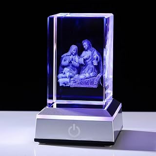 3D Crystal Nativity Scene Figurines Laser Carving Glass Jesus Statue NightLight Christian Gifts for Men Women Religious Gifts Figurine Collectible Keepsakes with Colorful Light Base