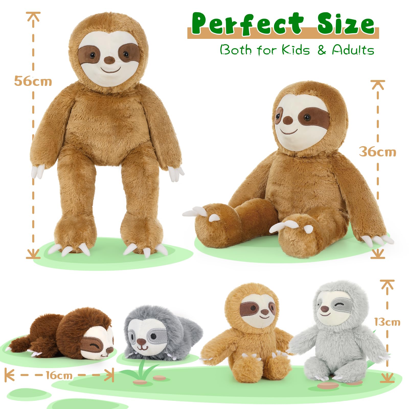 MorisMos Zestaw 5 pluszaków w rozmiarze XXL, 56 cm, olbrzymi leniwiec, przytulanka z 4 dziećmi w brzuchu, duża pluszowa maskotka lalka Slothteddy, prezent dla niemowląt, dziewczynek