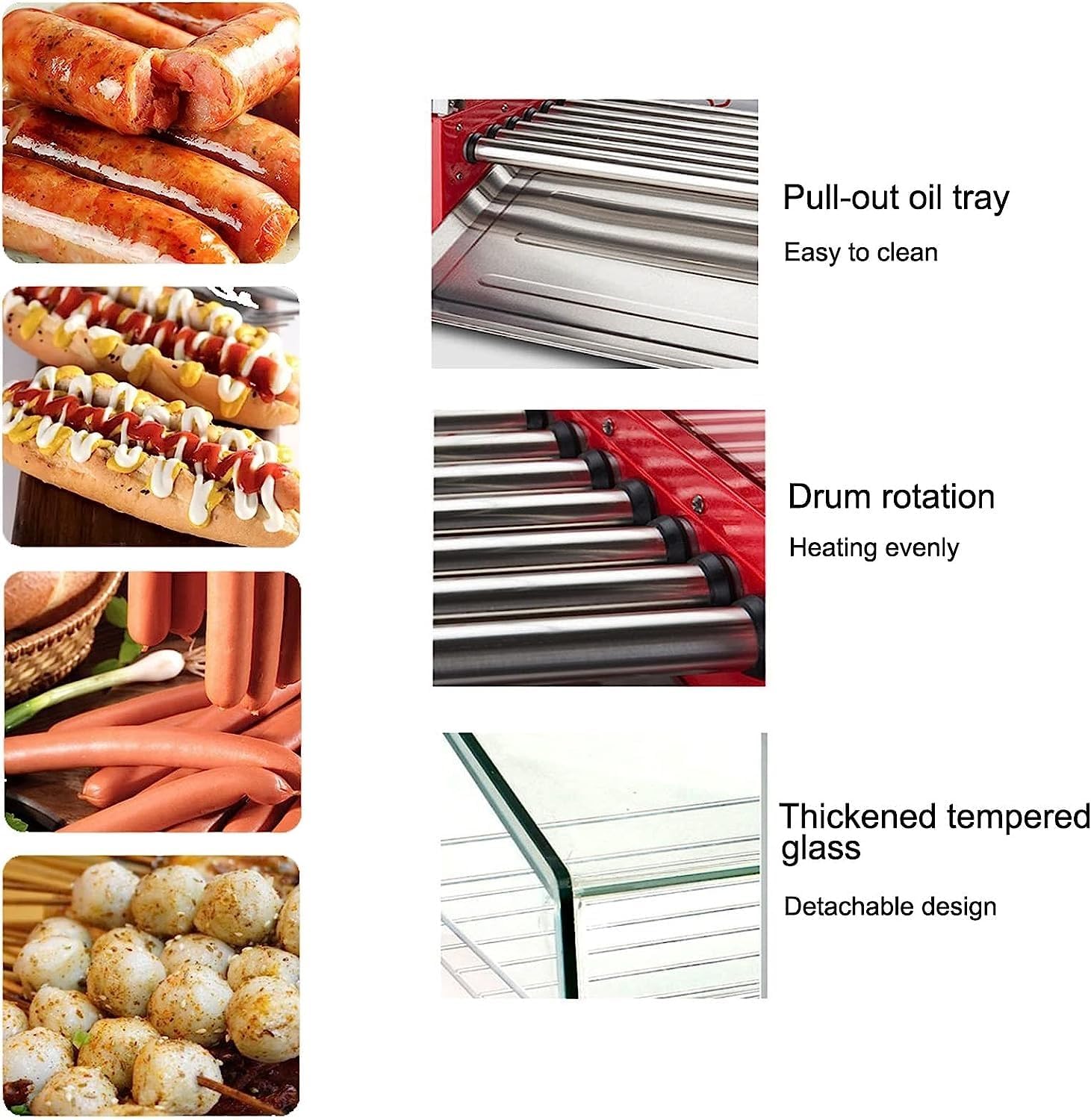 Rodillo para Hot Dogs para Parrilla Rodillo para Hot Dogs, Parrilla Eléctrica para Hot Dogs para Cocina De Restaurante, con Bandeja De Goteo De Acero Inoxidable Extraíble Y Cubierta De Vidrio