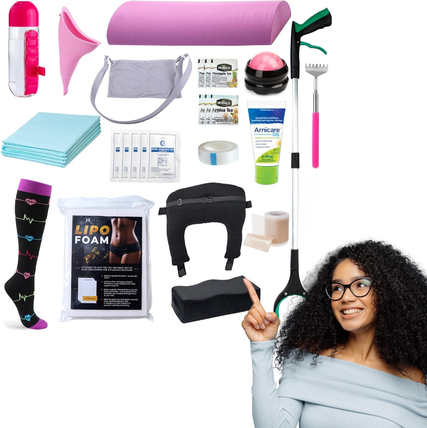 BBL Plus Post Surgery Supplies Kit | 33-Piece After Surgery Recovery Set with Lipo Foam, ABD Pads, BBL Backrest Pillow & More