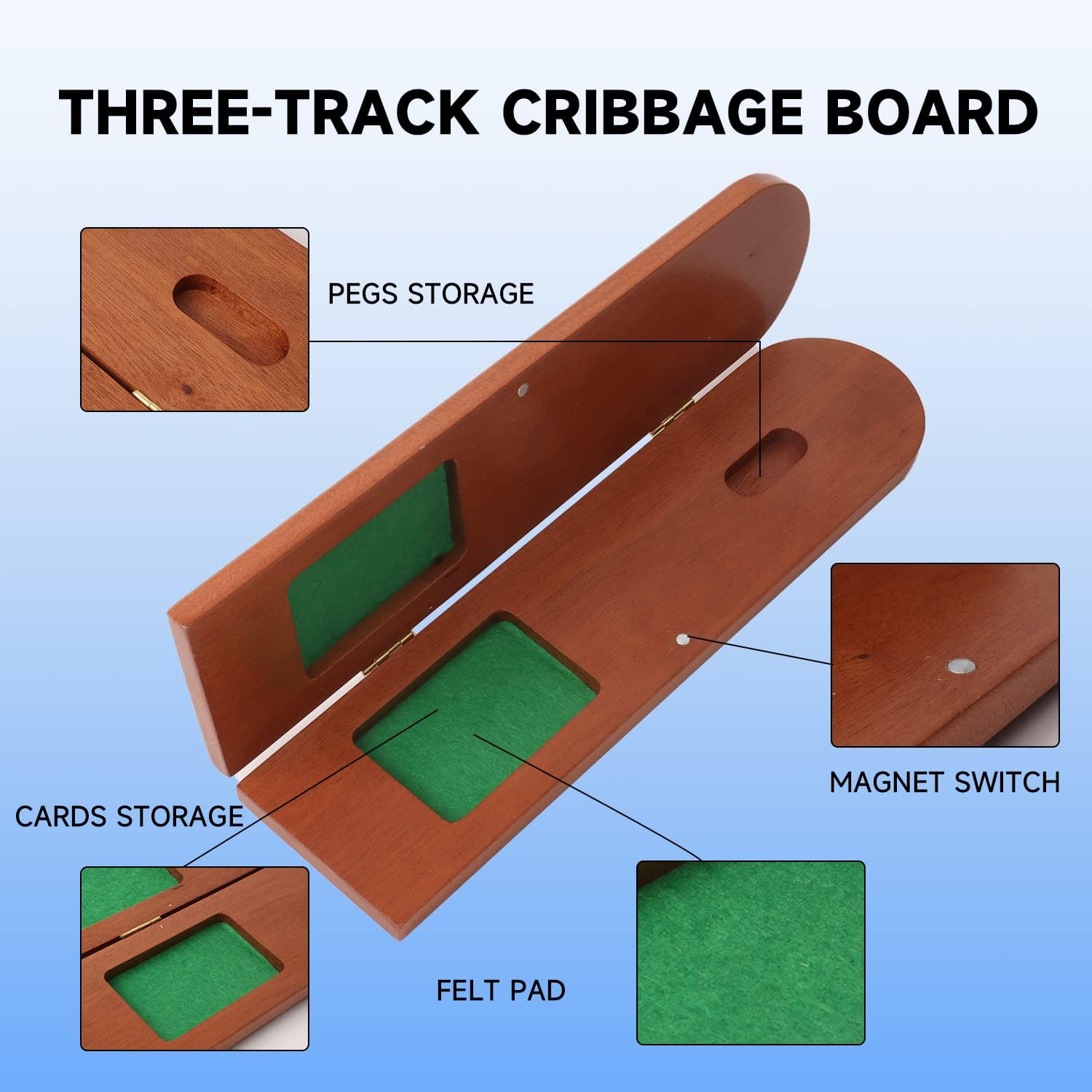 GSE Games & Sports Expert 3-Track Wooden Cribbage Board Game with Playing Cards, Metal Pegs and Storage Area, Classic Three-Person Cribbage Board Game