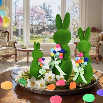 BrilliantJo Figurines Spring Decor Gift for Women Decoration Moss Bunny Large Rabbit Kit Holding Balloons Flowers Set of 3(15,13,10) Green Desk Mother's Day Holiday Birthday for Home Office Garden