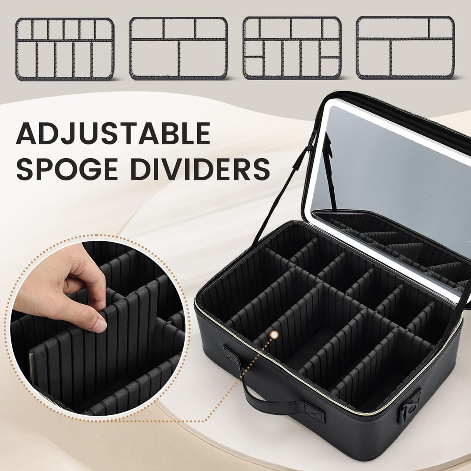 Bolsa de maquillaje de viaje con espejo, estuche organizador de maquillaje con compartimento ajustable, Black, Large Szie