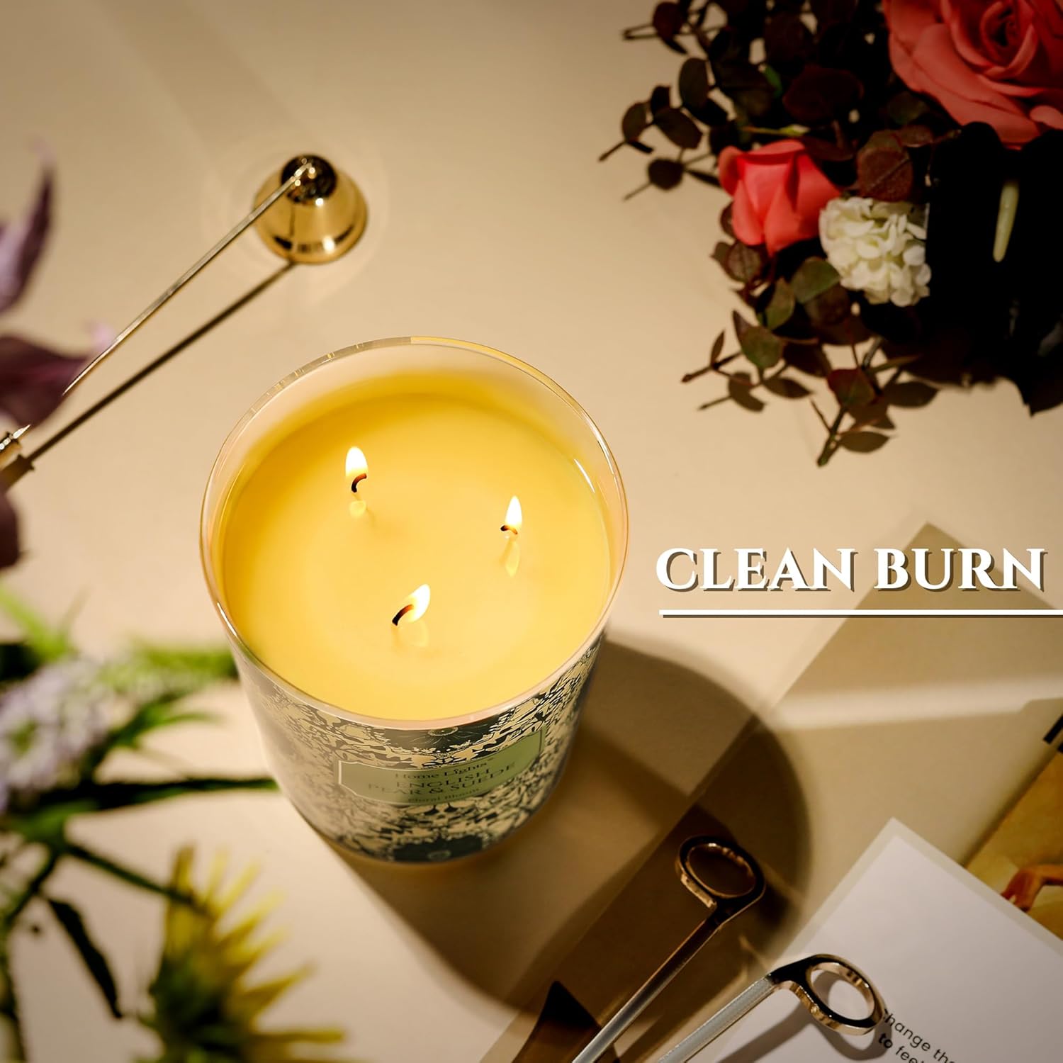 HomeLights Scented Candles | Large Jar 34 Oz Natural Soy Candle | 130 hrs Long-Lasting with 3 Wicks | Bohemian Natural for Home Decor | Gifts for Mom & Women, English Pear & Suede - Image 5