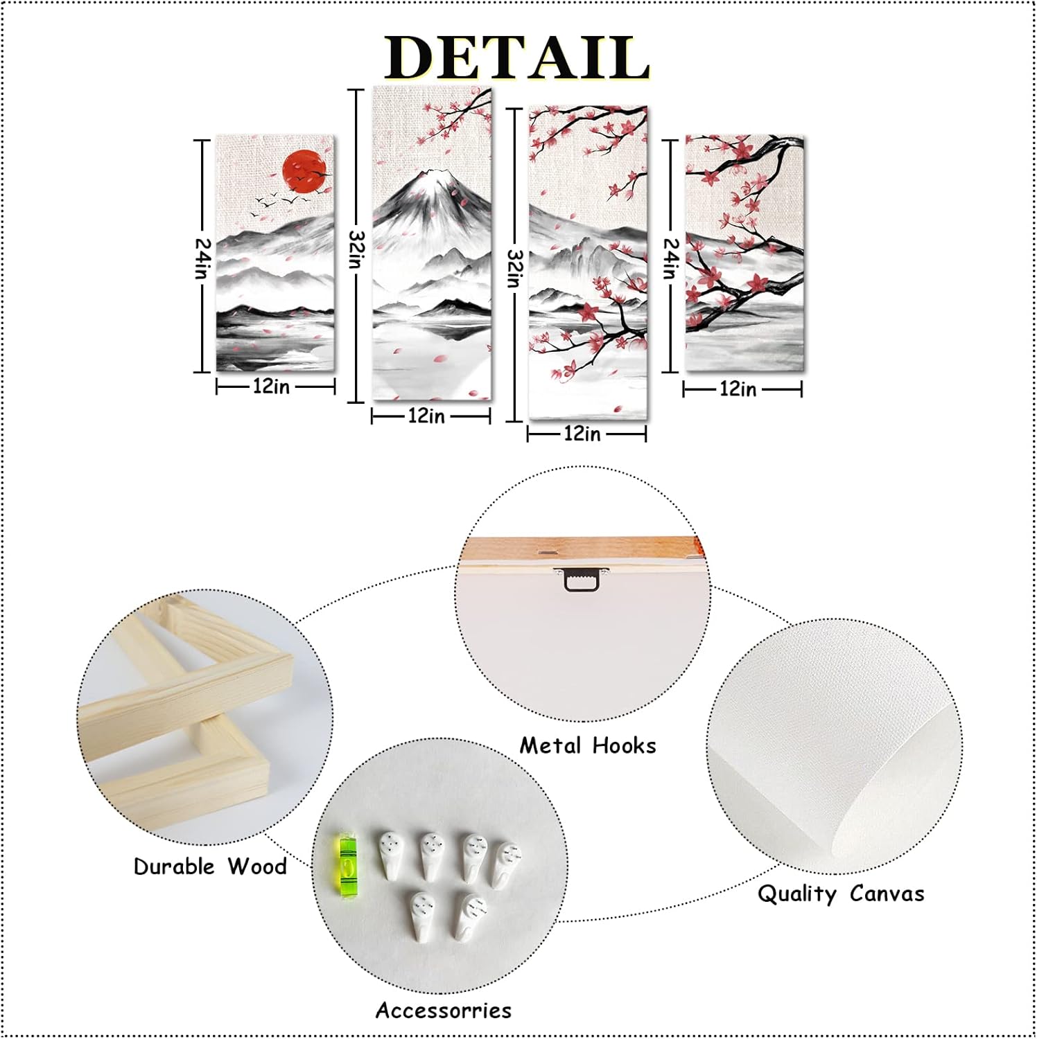 LyerArtork 4 Panel Japanese Ink Painting Wall Art Mount Fuji with Moon Pictures Wall Decor Cherry Blossom Canvas Print Japan Traditional Artwork for Living Room Bedroom Decoration