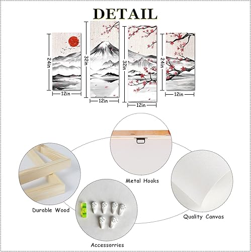 Miniatura 6 de LyerArtork Pintura de tinta japonesa de 4 paneles, arte de pared Fuji con luna, decoración de pared, flor de cerezo, lienzo impreso japonés