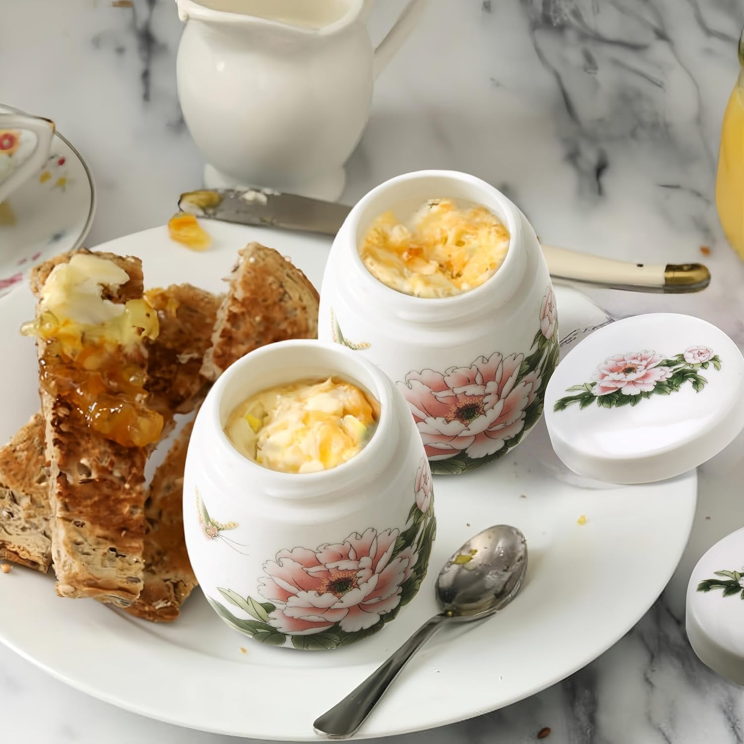 Coddled Egg Cups, Coddle Egg Coddler Cups with Lids, 2026 New Vintage Style Ceramic Egg Cooker, 220ml Chawanmushi Cups, Single or Double Egg Cooking with a Twistable Ceramic Lid (C, 2PCS)