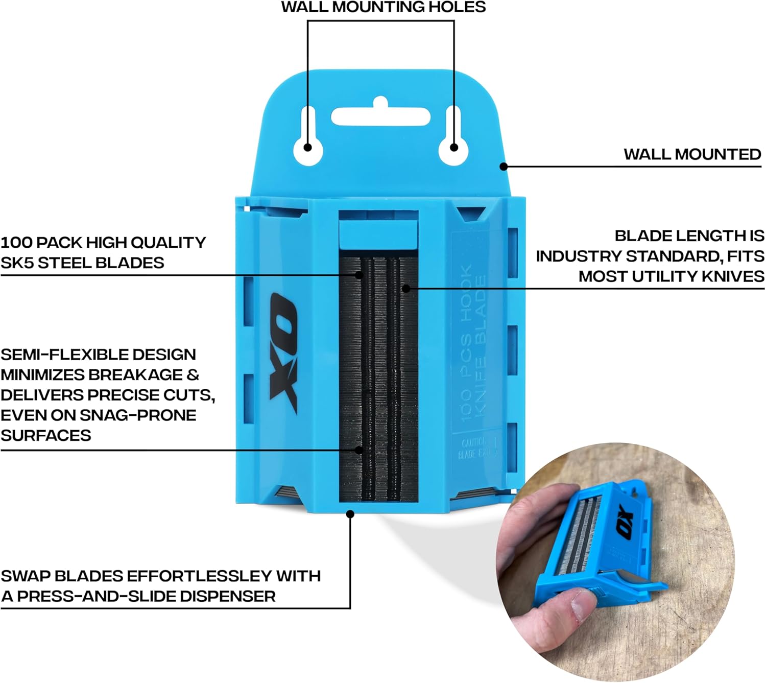 OX Pro SK5 Steel Utility Knife Blades – 100 Pack Box Cutter Blades for Folding & Retractable Box Cutters with Safety Dispenser