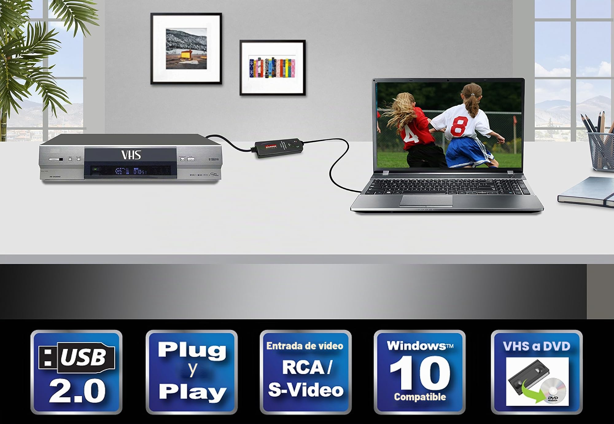 Diamond Multimedia VC500 One Touch dispositivo para capturar video USB 2.0 - Capturadora de vídeo (NTSC,PAL, 25 pps, 30 pps, 720 x 576 Pixeles, 720 x 480 Pixeles, MPEG1,MPEG2,MPEG4)