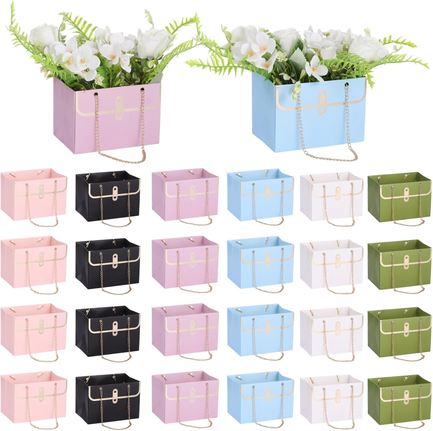 NIMBLOOM 24 Pcs Flower Gift Box Set, Rectangular Floral Bouquet Storage Bag with Metal Chain, Diamond Grid Texture Portable Floral Handbag Box for Valentine's, Mother's Day, Wedding, 6 Colors