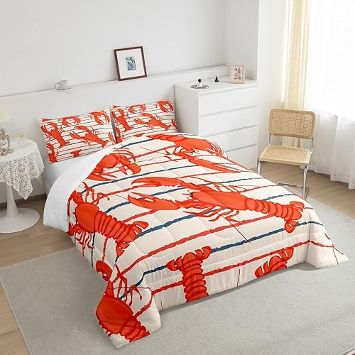 Miniatura 10 de Erosebridal Juego de edredón de cangrejo tamaño King, juego de ropa de cama con acuarela, vida marina, animales salvajes, edredón de plumón azul y