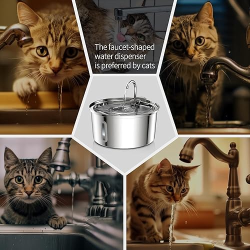 Miniatura 6 de Tomxcute Fuente de agua para gatos, fuente automática de acero inoxidable de 3.2 L108 onzas, la ventana de niveles de agua se puede verificar,