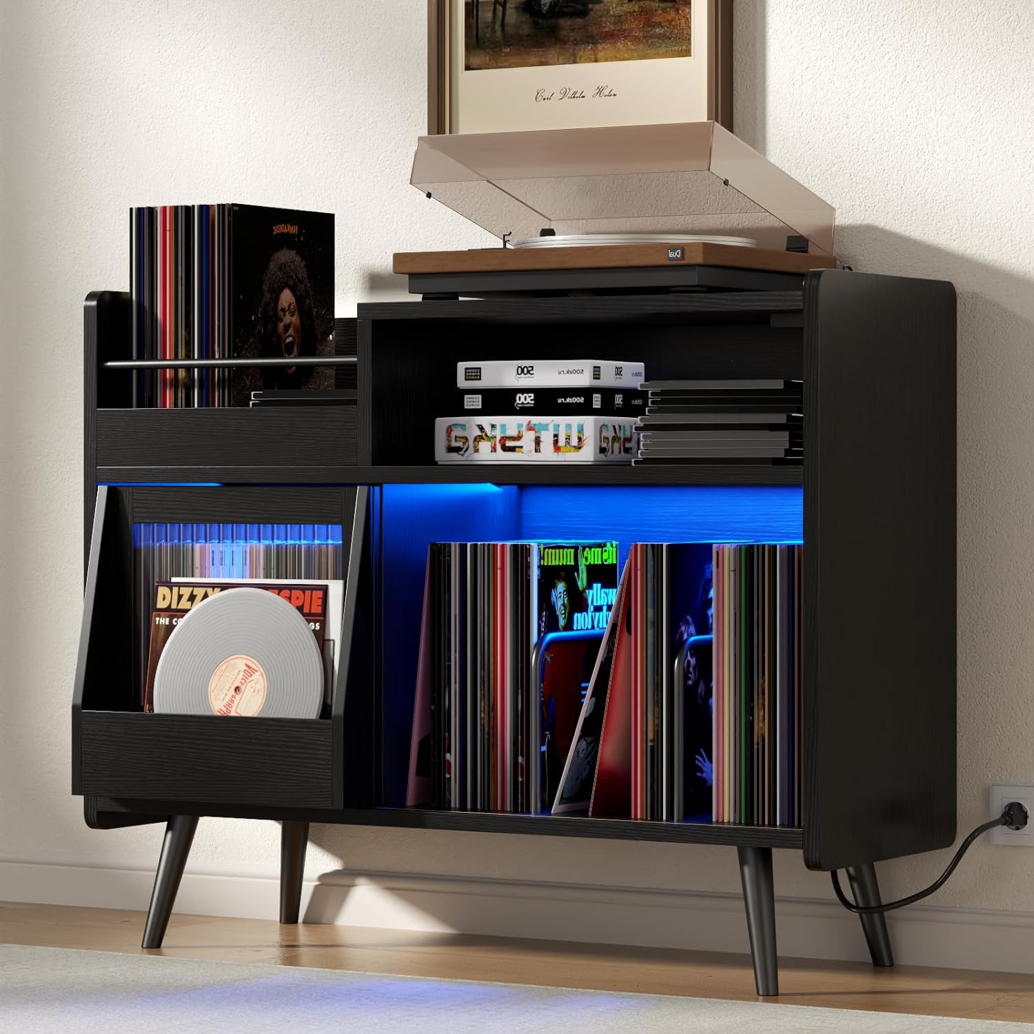 Loomie Soporte grande para tocadiscos negro con toma de corriente y luz LED, gabinete de almacenamiento de discos de vinilo de hasta 350 álbumes,