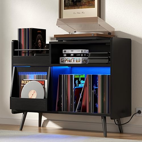 Loomie Soporte grande para tocadiscos negro con toma de corriente y luz LED, gabinete de almacenamiento de discos de vinilo de hasta 350 álbumes,