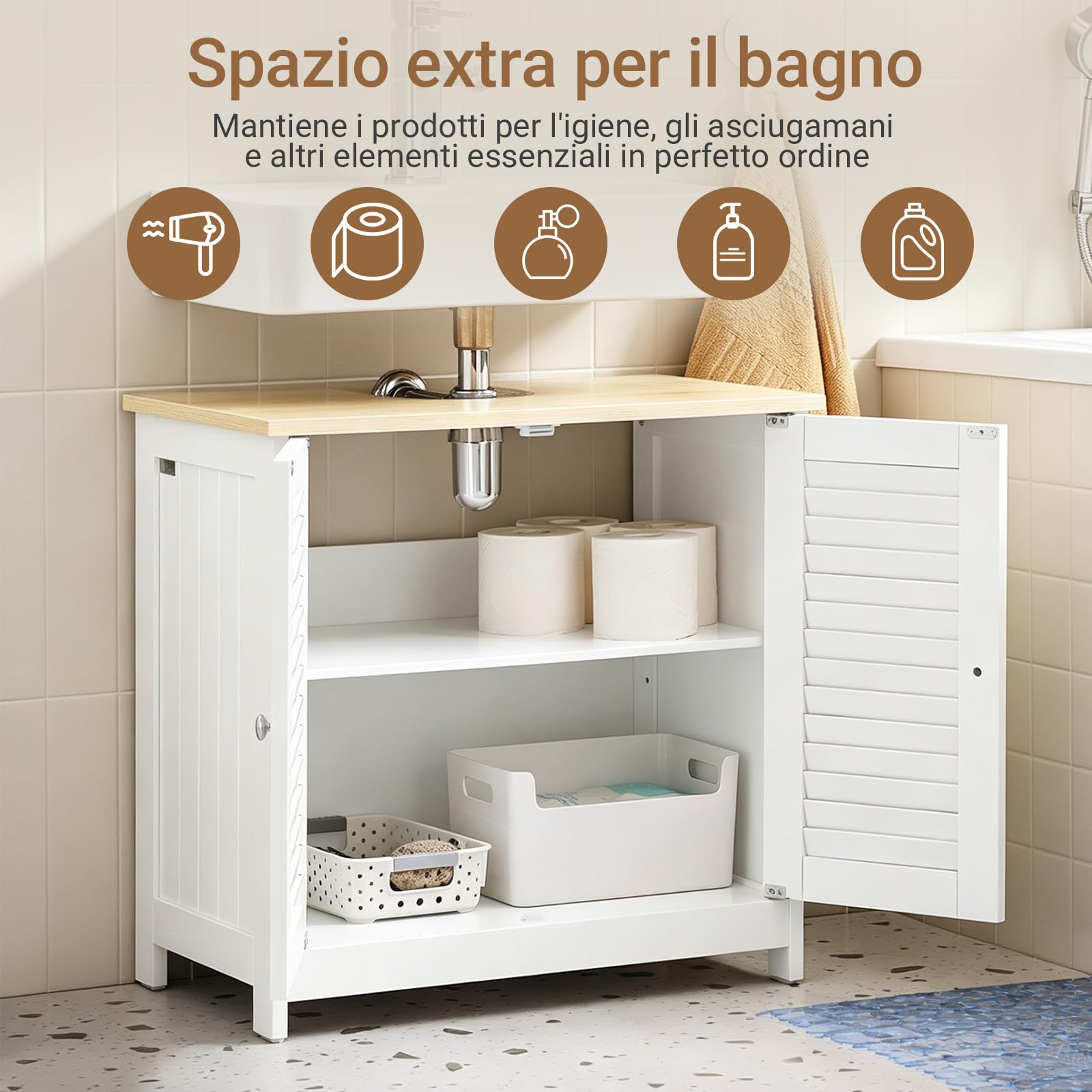 SoBuy Mobile Bagno Salvaspazio Sottolavabo 2 Ante Tapparelle 60x35x59cm | Mobiletto Bagno per Lavabo con Ante In Stile Tapparelle, Bianco-Naturale, L60P35A59cm, FRG237-WN
