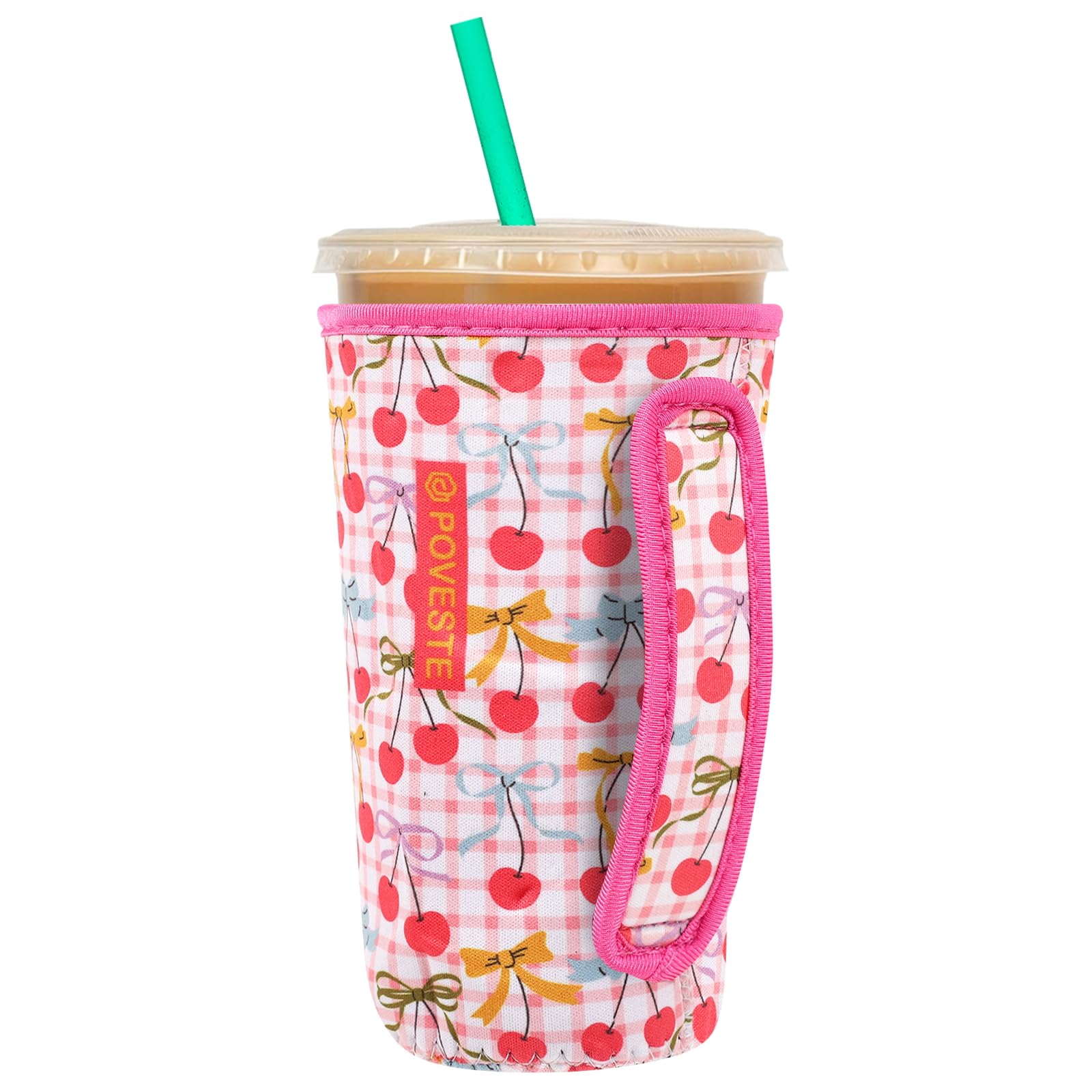 Reusable Neoprene Insulator Sleeve for Iced Coffee &amp; Cold Soda, Coffee Sleeves for Iced &amp; Hot Drinks, Cold Beverage Cooler Compatible with Starbucks, Dunkin (Cherry Picked, Large: 32oz)