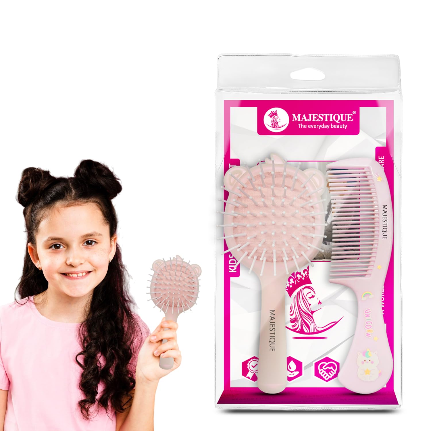 Majestique Kids Hair Grooming Set | Soft Scalp Massage Detangling Brush and Comb | Gentle on Kids' Hair, Reduces Knots, and Prevents Frizz | Perfect for Babies and Toddlers - 2Pcs/Multicolor-image-13