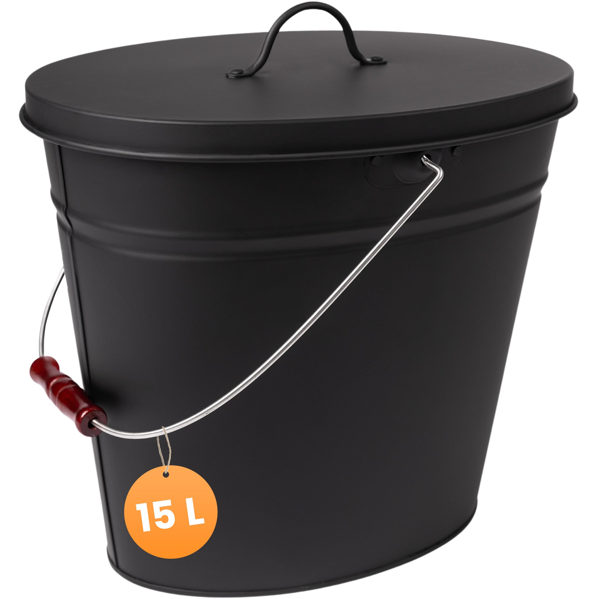 BLACK OAK Secchio per cenere Vesuvio 15L – nero ovale con coperchio - grande 15 litri - in acciaio resistente al fuoco zincato e verniciato a polvere, ideale per cenere e carbone, accessorio perfetto