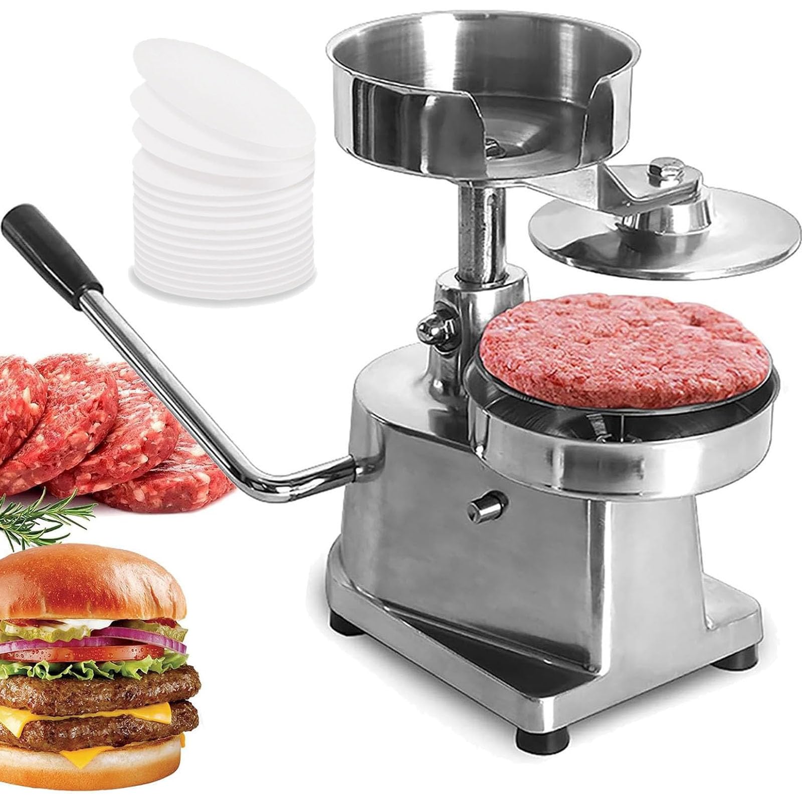 YNIYUJKL Burger Patty Maker, Stainless Steel Heavy Duty Press For Hamburger Patties, Includes 500 Patty Papers, Kitchen Meat Forming Processor,13cm