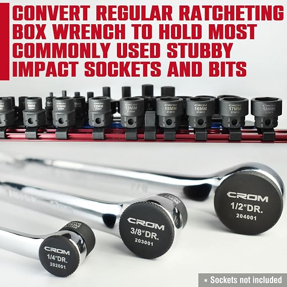 CROM Stubby Impact Socket Adapter Plugs, 3pc Set (1/4, 3/8, 1/2-inch), Converts Standard Box Wrenches to Dedicated Stubby Low-Profile Metric & SAE Impact Socket Drivers
