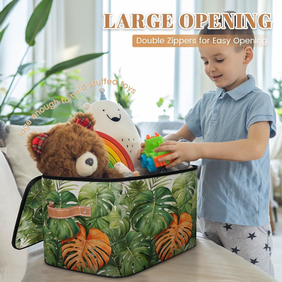 Storage Bin Set of 2 Green Palm Leaf Storage Basket with Zipper Lid & Handle Foldable Closet Shelf 2 Pack Cloth Organizer Basket Cube Bins Clothes Organizer for Bedroom, Nursery