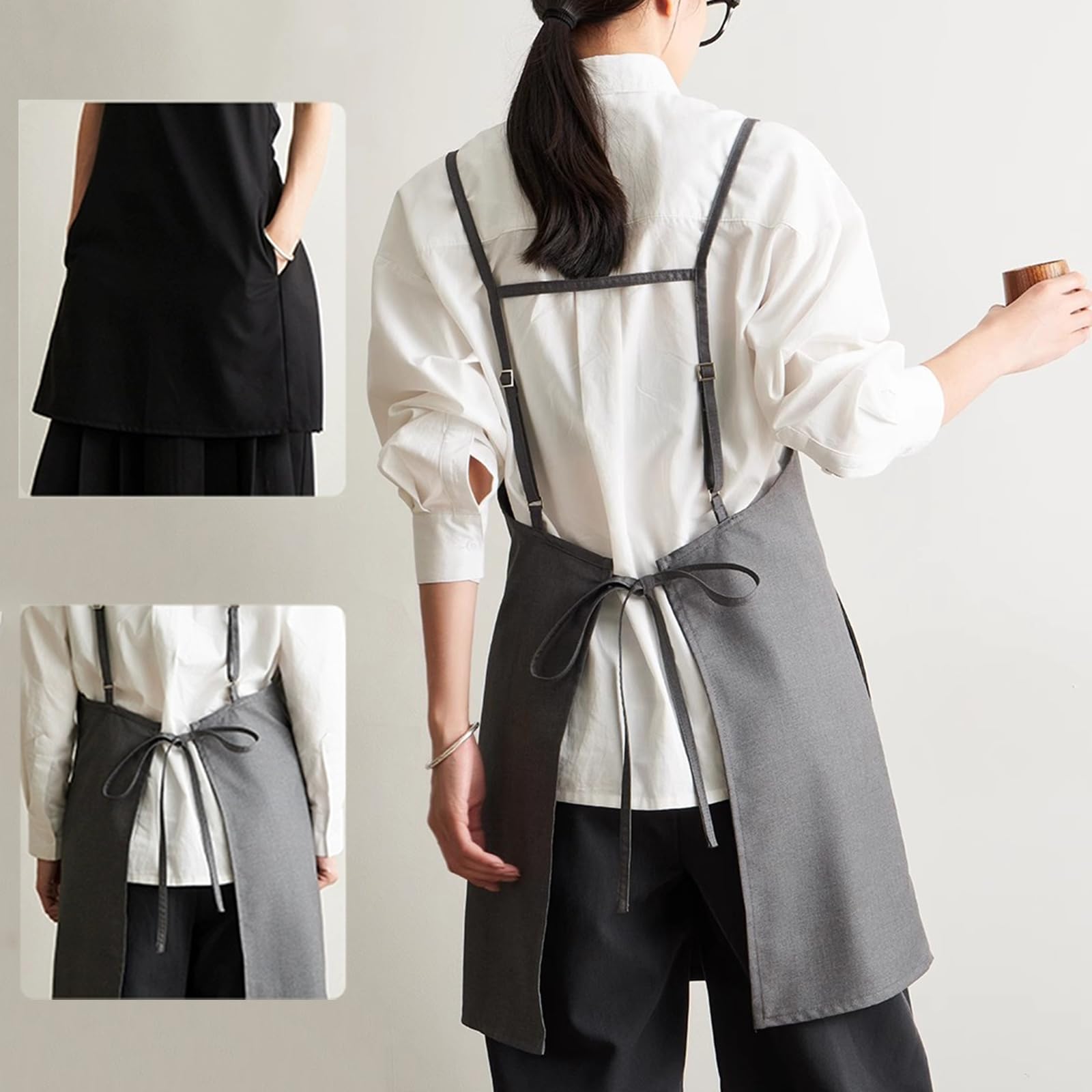 Delantal Mujer con 2 Bolsillos, Delantal De Cocina Mujer para Barbacoa Cocinar Hornear Jardinería RestauranteGrey,One Size