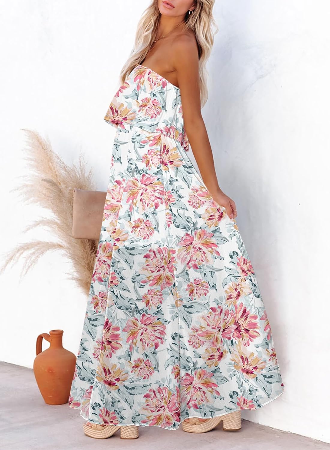 Dokotoo Womens Strapless Dresses Casual Summer High Waist Side Split Flowy Boho Maxi Dress - Image 3