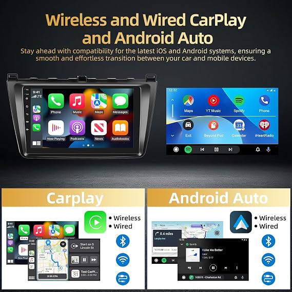 EKAT Android Car Stereo [2+64G] for Mazda 6 2007-2012 - 9 Inch Touch Screen Radio with Wireless Carplay, Android Auto, EQ, Mirror Link, WiFi, GPS, SWC + AHD Rear View Camera