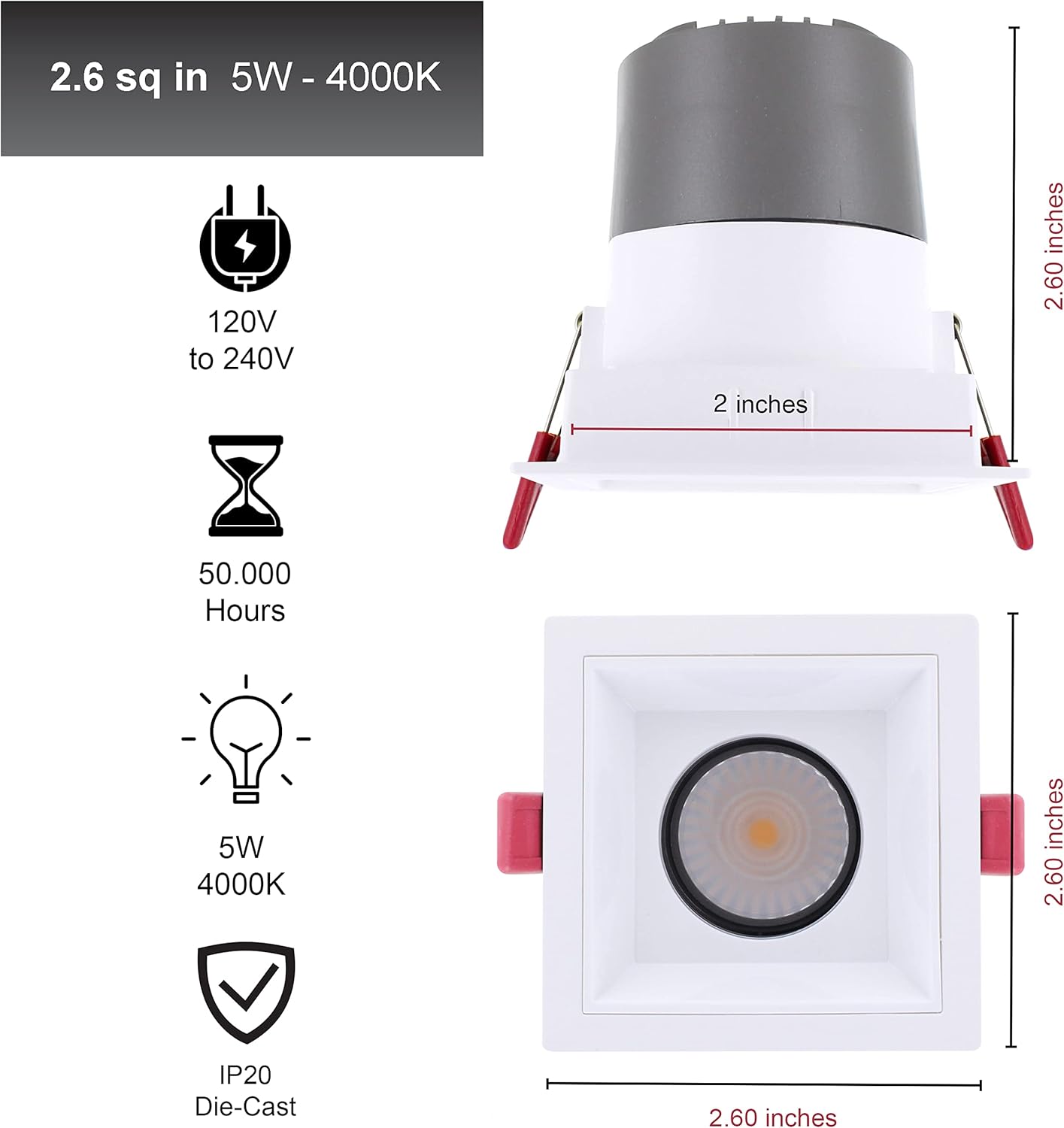 Square LED Recessed Lighting 2 inch - 5W - Slim Recessed Ceiling Lights with Driver - Free Extra Color Trim - Modern Canless LED Downlight – Pack of 6 PCS (4000 Kevin (Cool White))