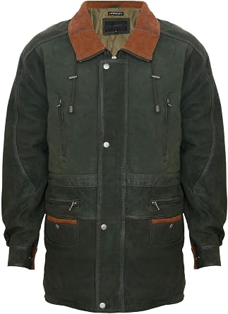 Infinity Leather Mens Classic Green Contrast Soft Supple Suede Buff Overcoat Parka Winter Outdoor Jacket Regular Fit