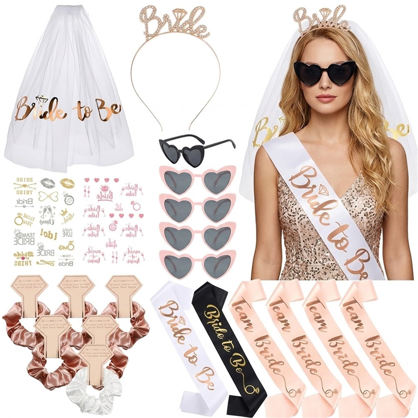 Evjf Veil Kit de décoration for enterrement vie jeune fille | Mariée à être voile ceinture diadème coeur lunettes de soleil équipe poule nuptiale douche fournitures