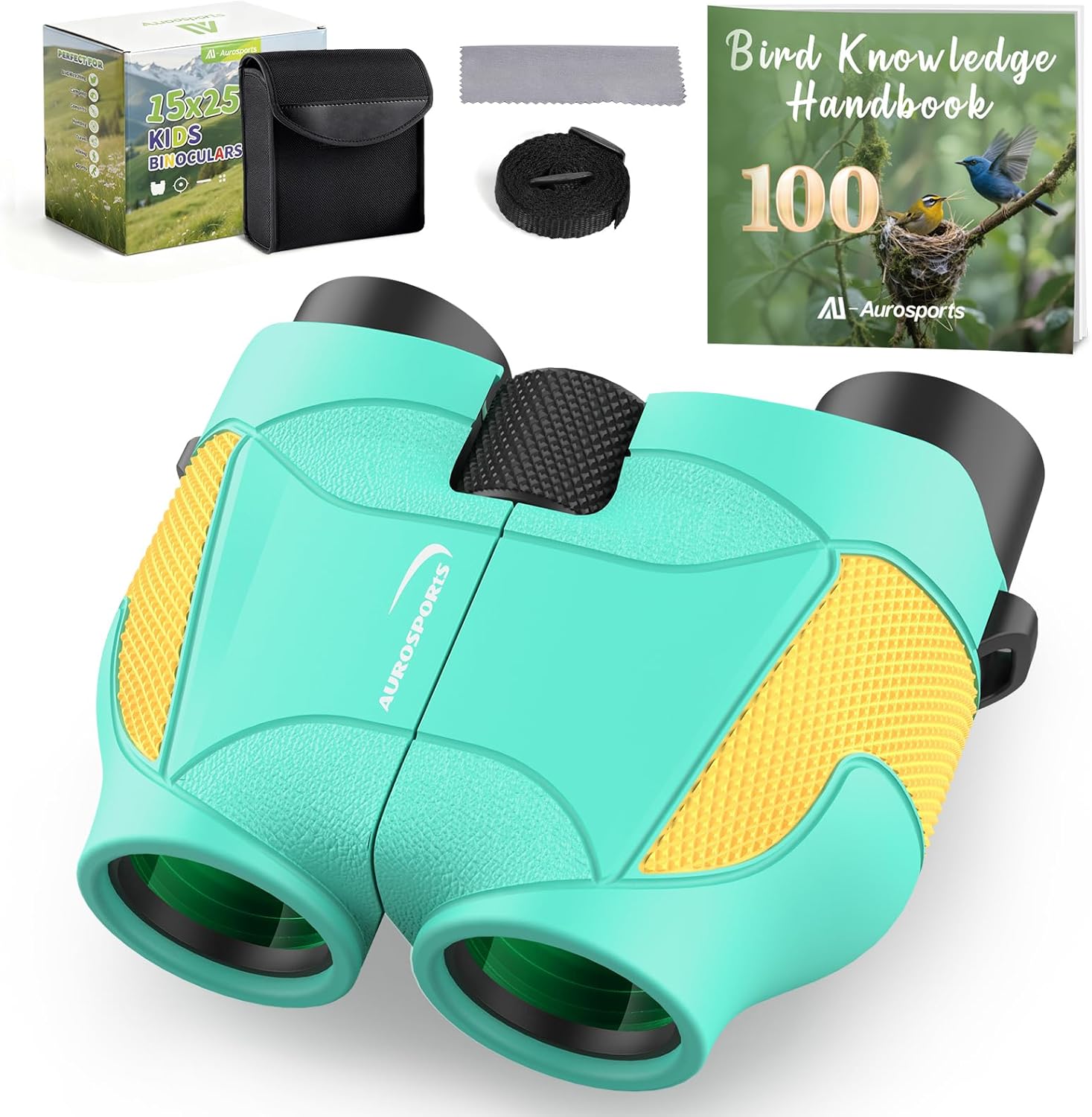Aurosports 15x25 Compact Binoculars for Kids - Small Binoculars Lightweight with Carrying Case Birding Guide for Bird Watching Hiking Camping Travel Gift for 8-12 Years Boys Girls (Green)