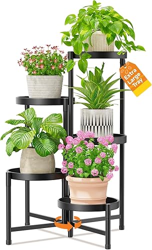 LASZOLA Soporte grande para plantas de 5 niveles para interiores con bandeja de metal de 10 pulgadas, estante plegable de esquina para flores,