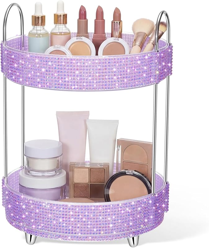 Organizador de Maquiagem Giratório Honeydak com 2 Níveis, Diamante de Resina, Roxo