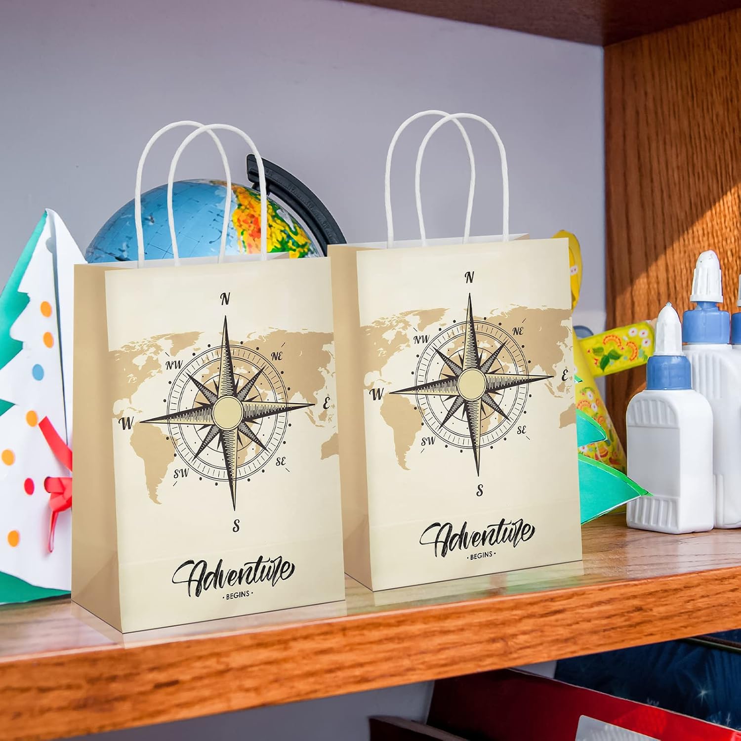 Teling 24 Pcs Let The Adventure Begin Travel Themed Gift Bags Camping Party Favor World Map Bags Kraft Paper Goodie Gift with Handle Gender Reveal for Baby Shower Birthday Candy Weeding Supply Decor