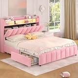 ADORNEVE Full Bed Frame with LED Light & Charging Station, Full Size Bed Frame with Storage Headboard, Modern Velvet Upholstered Platform Bed with 4 Drawers, Noise-Free, Pink