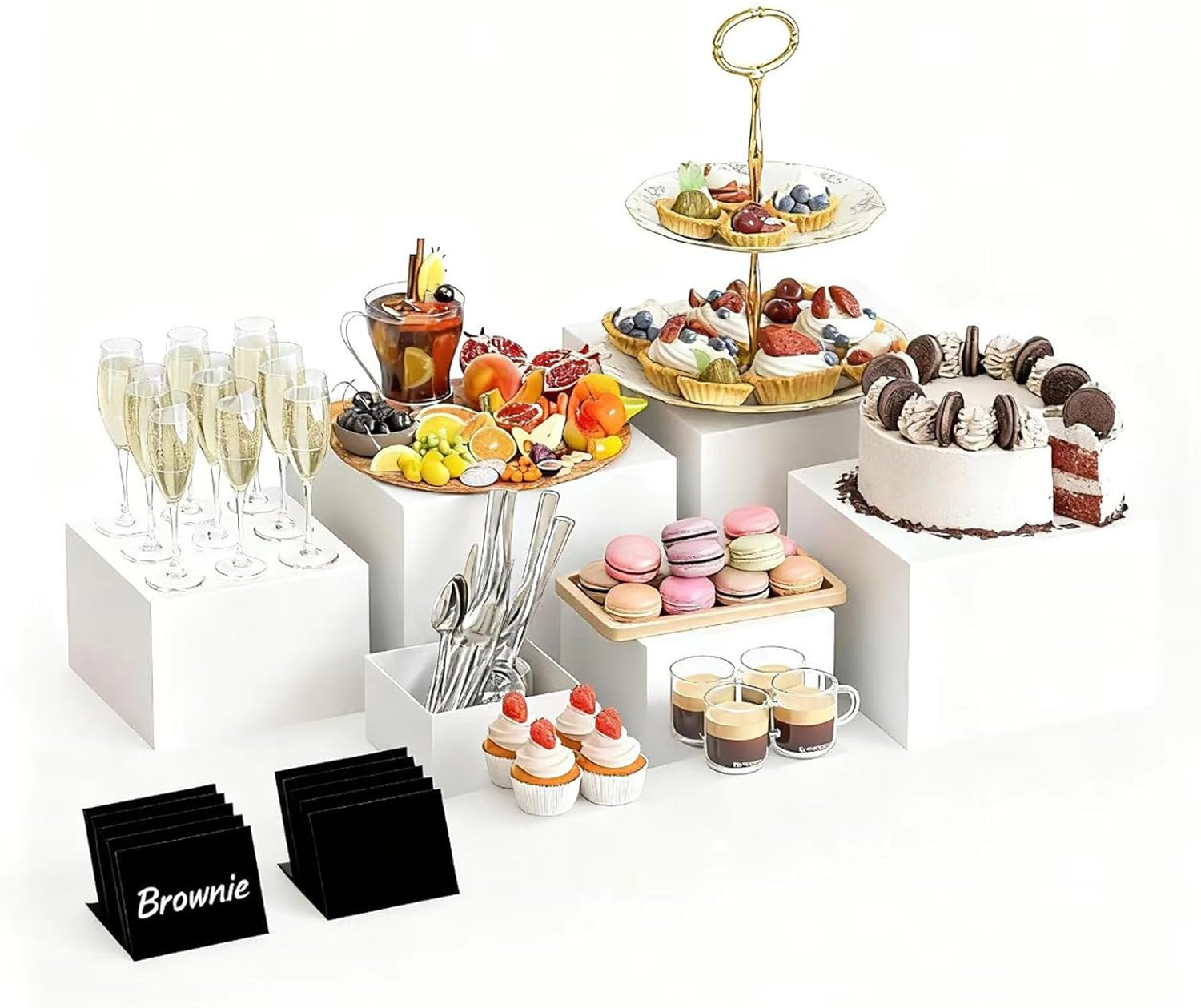6 Pcs Large Buffet Risers for Buffet Table, White Risers for Display for Food, Dessert Table Display Set of 6 Acrylic Food Risers, Acrylic Cube Display Nesting Risers for Collectibles Jewelry Show (white, Medium, 6Pcs, With Mini Signs)