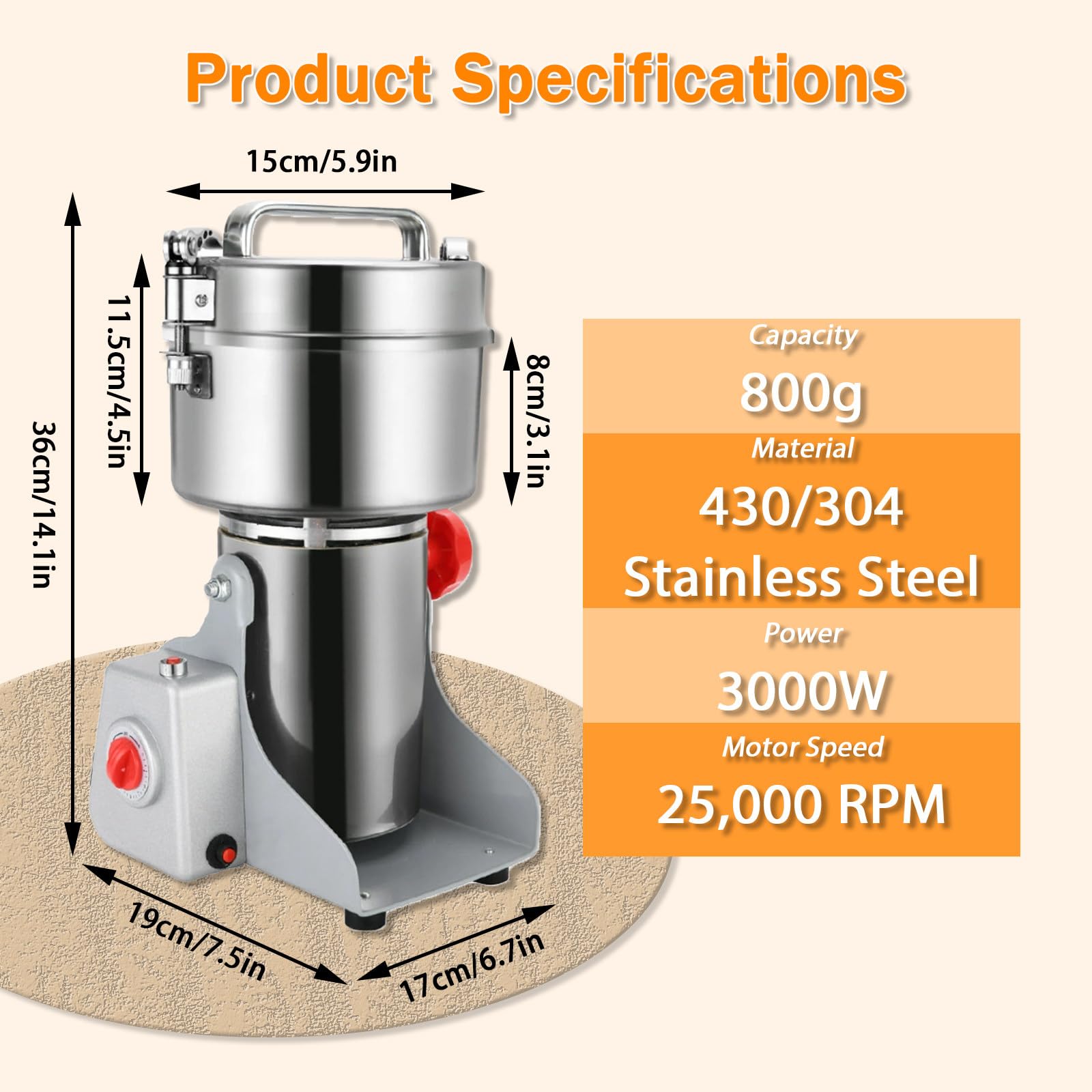 Młynek do Przypraw Elektryczny Młynek Wysokoobrotowy 32000 RPM i System Trzech Ostrzy z Ochroną przed Przeciążeniem do Ziół Kukurydzy i Orzechów 220V-800g