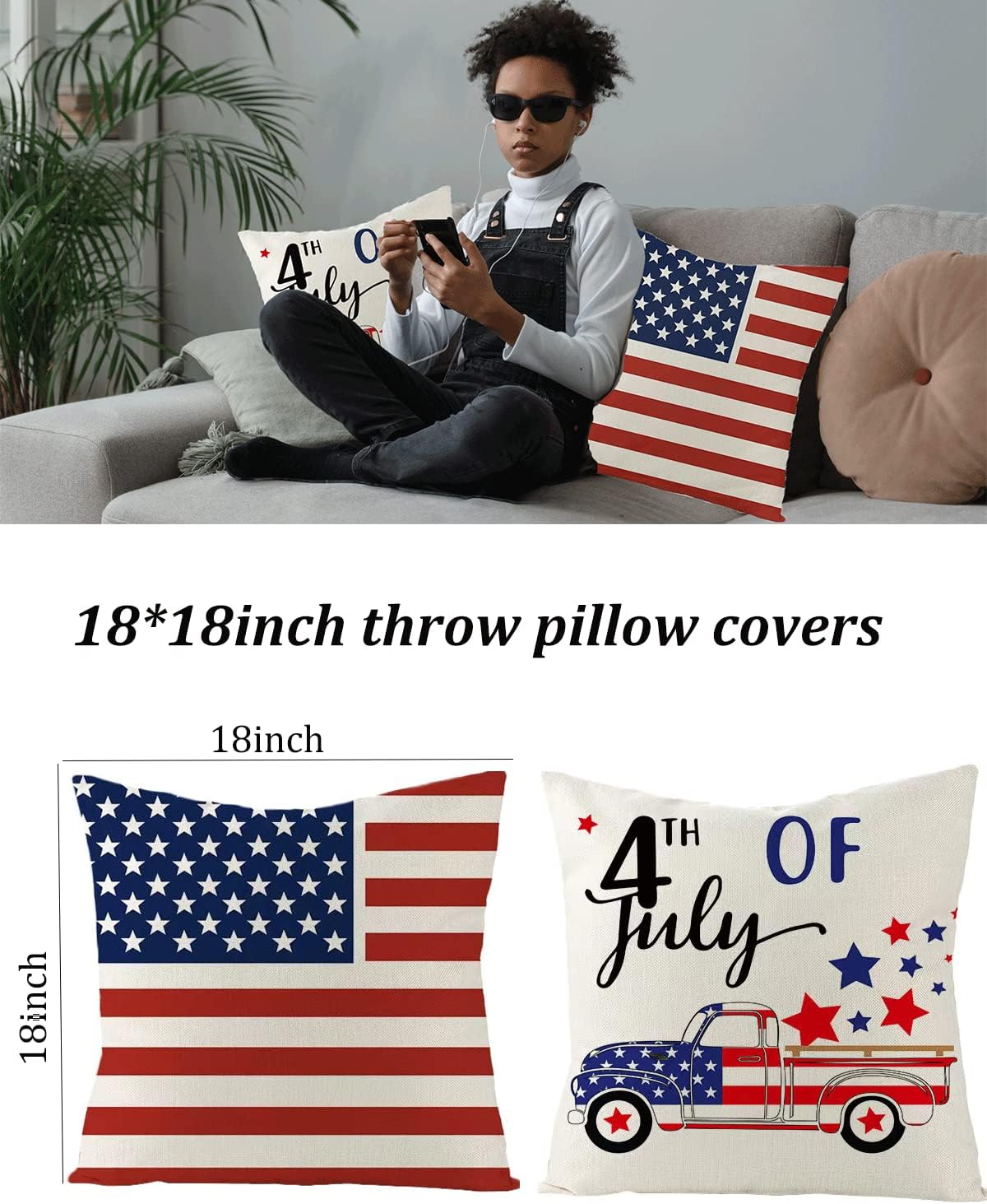TOMTU 4th of July Decorations Throw Pillow Covers 18x18 Inch Set of 2Independence Memorial Day Decorations Cushion Case for Home with 12 x 18 Inch USA Garden Flag and Sticker