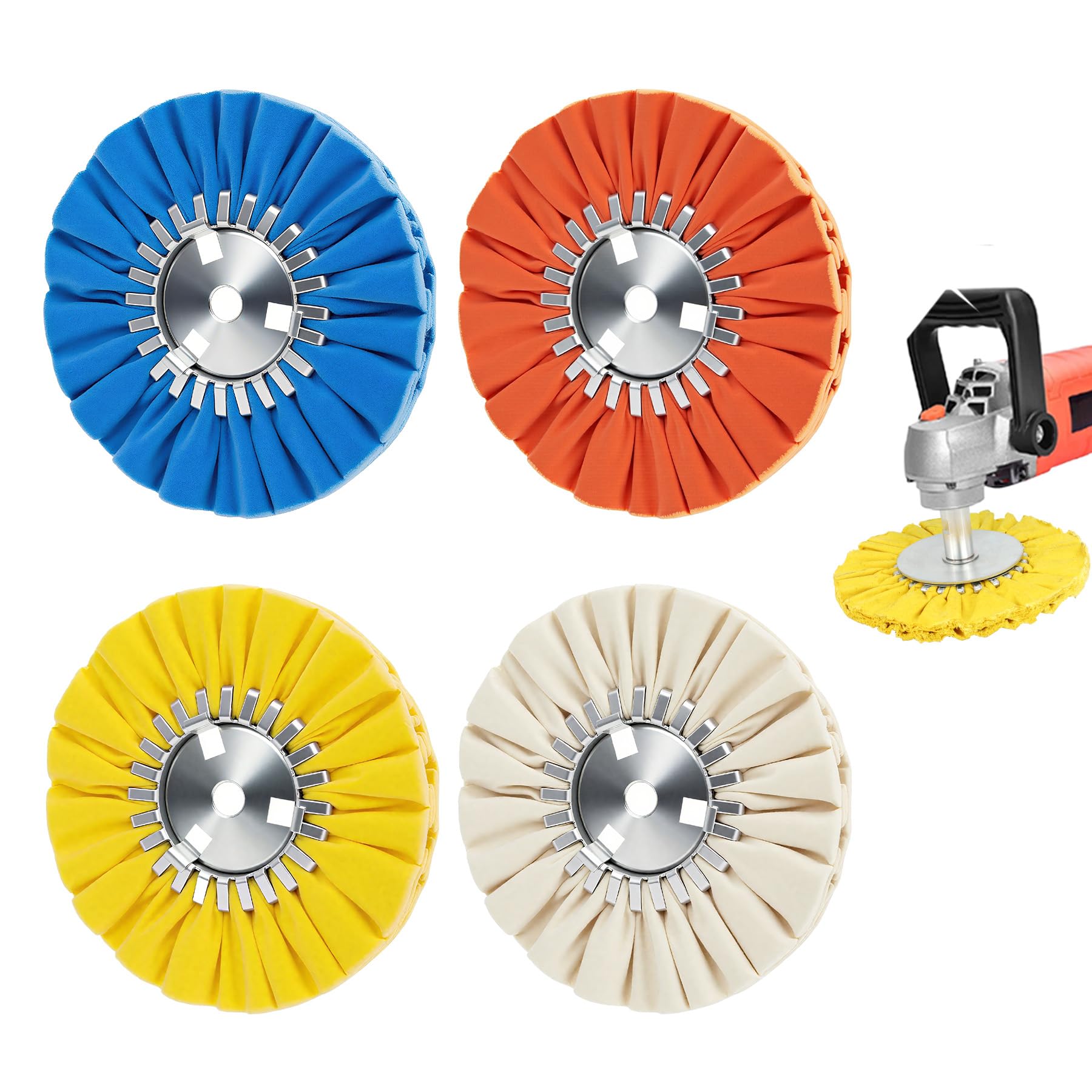 QZATTCAEN Airway Buffing Wheel Kit 4 Piece kit (1 pcs White & 1 pcs Orange & 1 pcs Blue & 1 pcs Yellow) 8" in Diameter 5/8" in Arbor Hole 12 Ply for Angle Grinder 4 Pcs